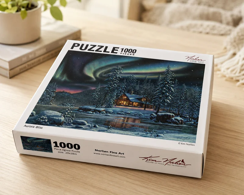 Northern lights landscape on a custom artist puzzle box