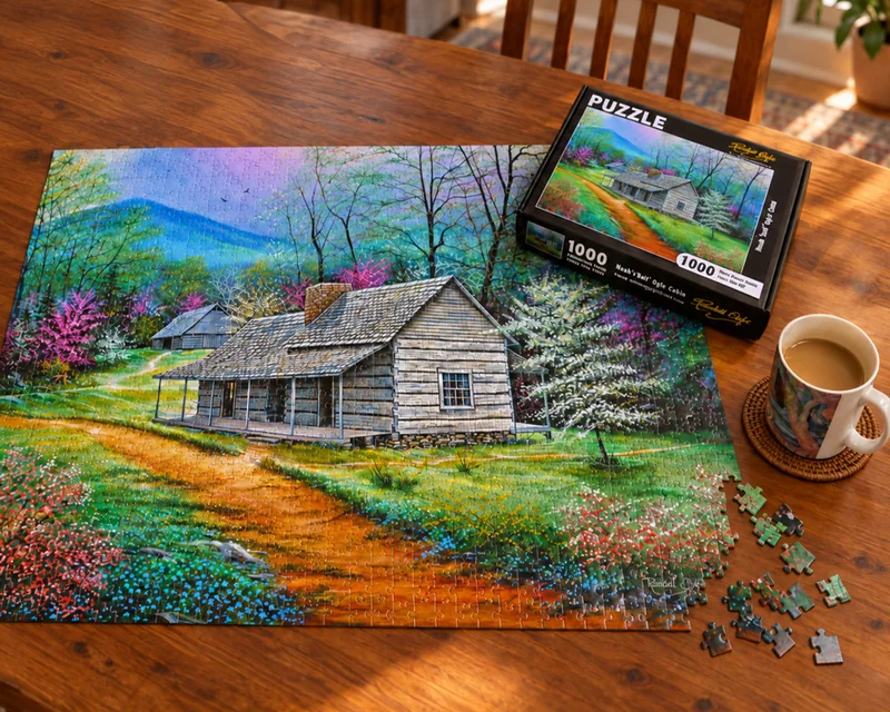 Finished landscape cottage jigsaw puzzle on a wooden table with a matching box and coffee mug