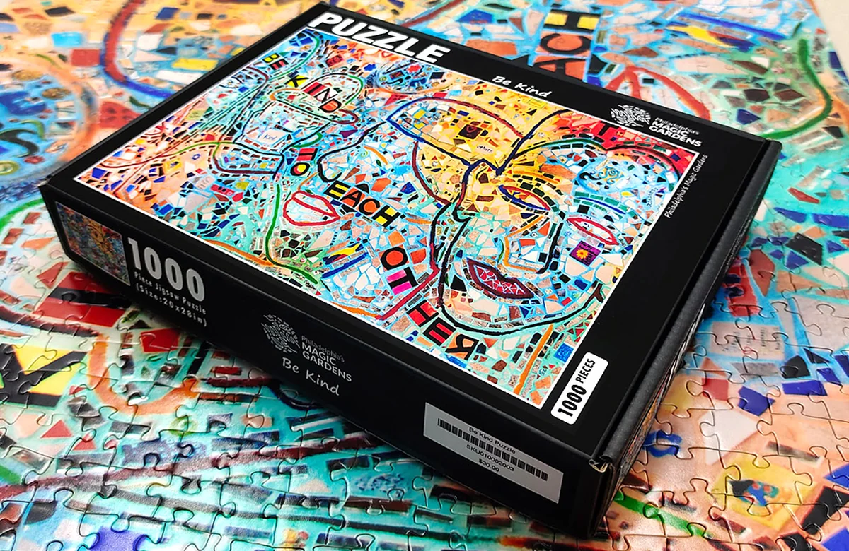 Custom art puzzle and retail puzzle box featuring colourful mosaic artwork